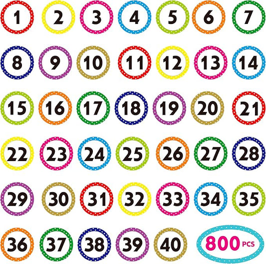 800 PCS 1-40 Number Stickers, Polka Dot Water/Oil/Tear Resistant Consecutive Number Labels, Remove Without Residue for Indoor, Outdoor, Office, Classroom, Storage, Organizing, Boxes (1”, 20 Sheets)