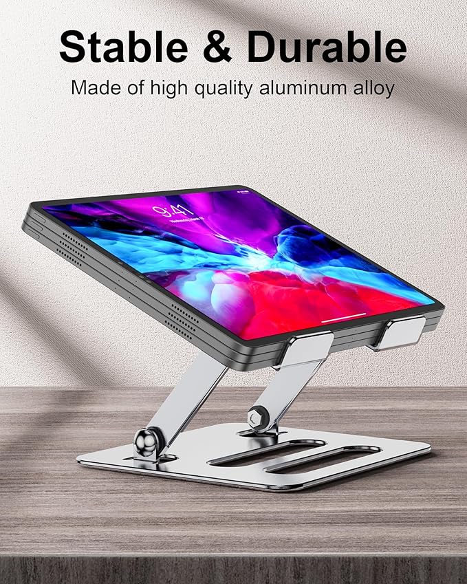 T-Ablet Stand Holder for iPad for Desk, Adjustable Foldable Aluminium Travel T-Ablet Stand for Kindle and T-Ablet (4.7-12.9 inch) Compatible with iPad Pro/Air/Mini, Silver