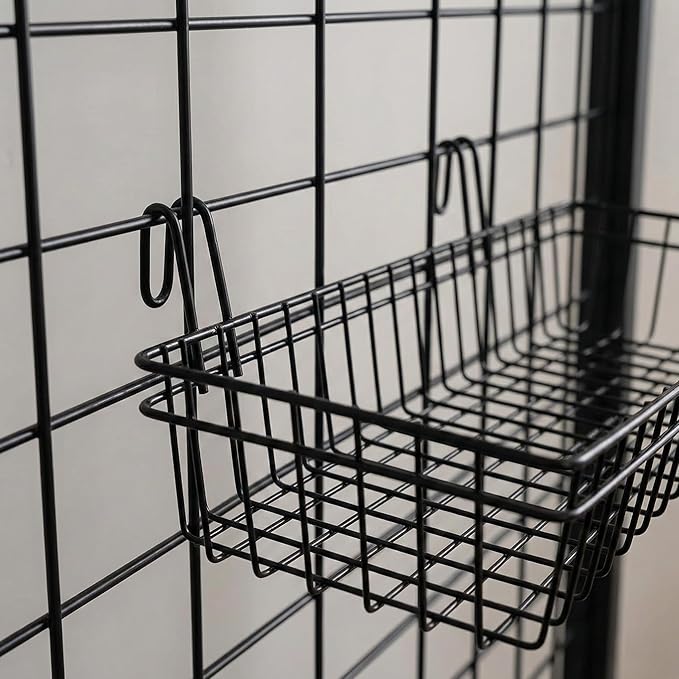 ANZOME 4 Pack Grid Wall Baskets & Gridwall Accessories - Black Metal Wire Mesh Hanging Storage Bins with Built-in Hooks - Display Shelf Organizer for Craft Room, Retail, Office & Kitchen Pantry