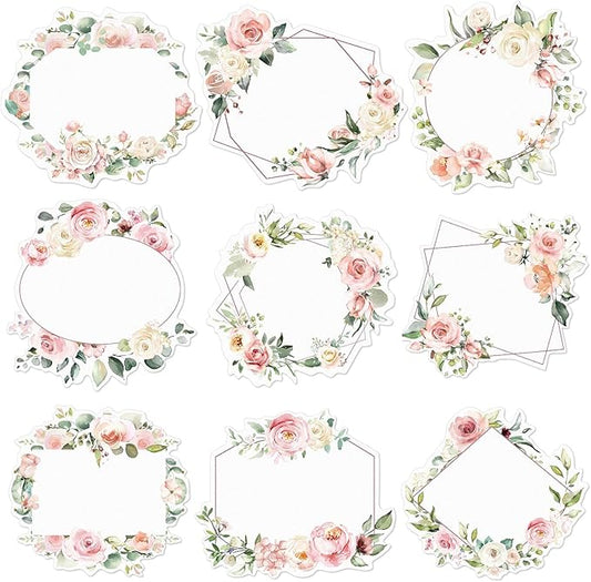 Sabary 90 Pcs Cutout Name Tags Water Bottle Labels Daycare Labels Self Adhesive Name Stickers Gift Tags for Classroom Home Desk Bulletin Board Decoration Party Favor 10 Sheets (Floral)