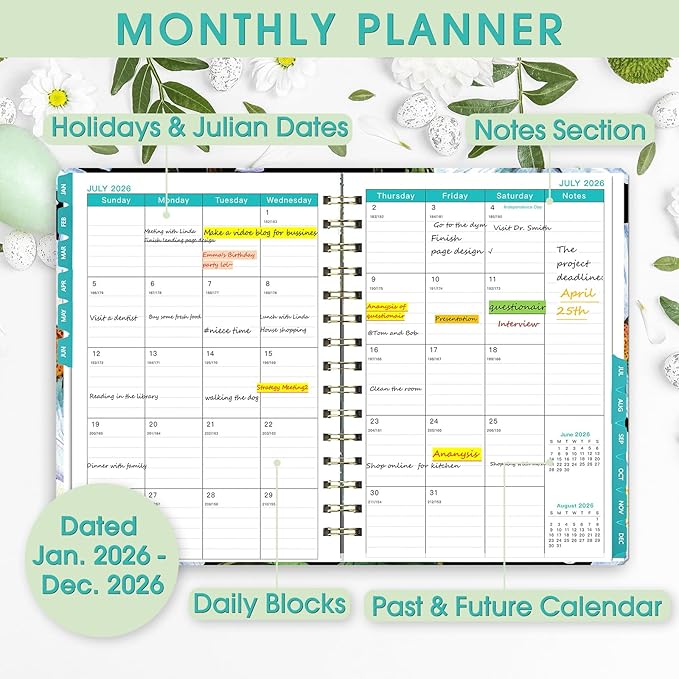 Ymumuda 2026 Planner, Daily Weekly and Monthly Planner，Jan 2026 - Dec 2026, 8.4" x 6.3", 2026 Calendar Planner Book with Tabs, Spiral Notebook with Inner Pocket for Office Home School Supplies