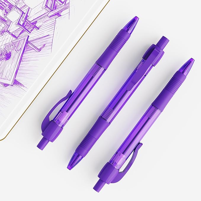 deegtran Pens Bulk, 30 Pack No Bleed Purple Ink Click Pens with Soft Grip, Wholesale Retractable Ballpoint Pens for Office School, Medium Point Smooth 1.0MM