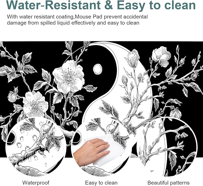 Yin Yang Cherry Blossom Gaming Mouse Pad 31.5"x11.8", Black and White Floral Large Desk Mat, Extended Keyboard Mousepad with Non-Slip Rubber Base, Stitched Edges Mouse Pads for Desk Home Office Gaming