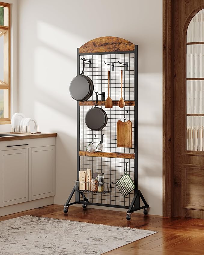 Grid Wall Panel 5.7' x 2' FT Grid Display Rack, 2 Pack Movable Gridwall Display Stand with 8 S-Shaped Hooks and 8 Garment Hooks, Floorstanding Wire Grid Rack, Rustic Brown and Black TCJ17P2BF