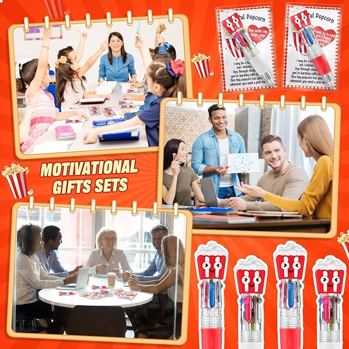 Colarr 24 Set Popcorn Valentines Gifts Multicolor Pens with Support Cards for Valentines Day Party Favors Classroom Prizes Students Goodie Bags Stuffers 4 in 1 Ballpoint Pens