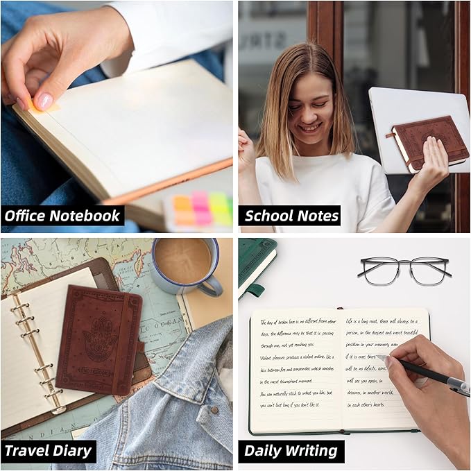 Inner Pocket Notebook Lined Journal 4X 6 Hardcover Leather 288 Page Finger Aesthetic Bound Record College Ruled Reading Diary Notepad For Women Men Travel Work School Office Writing -Pink