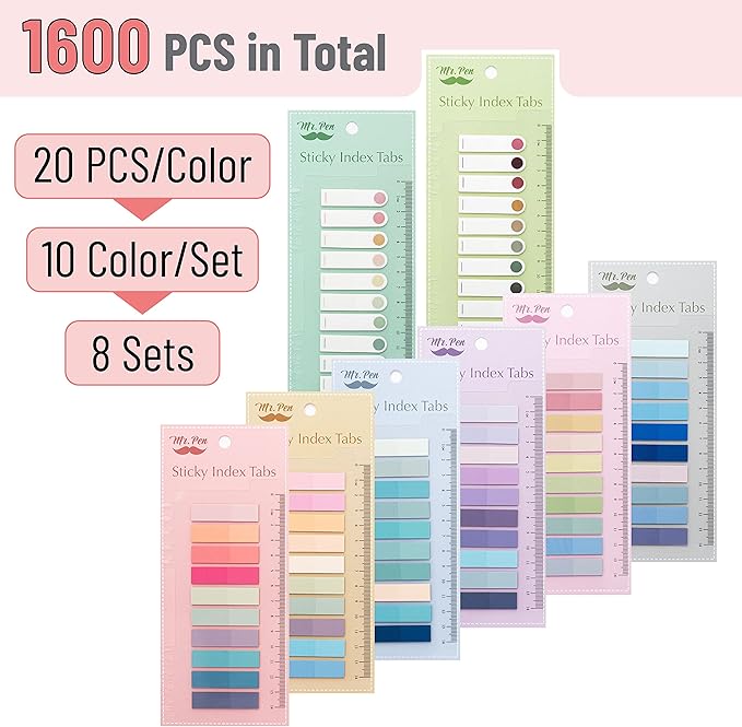 Mr. Pen- Colorful Sticky Tabs, 1600 Pcs, Transparent Page Markers, Annotating Book Tabs (Pack of 2)