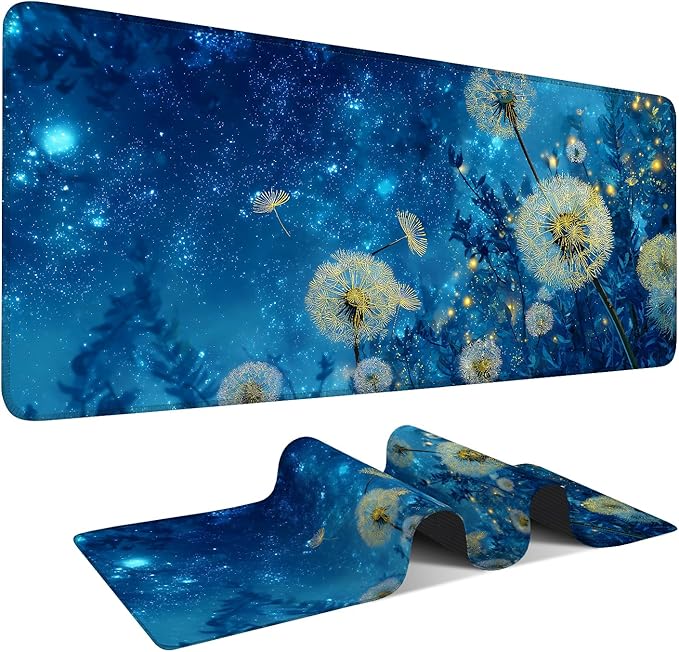 Dandelion Galaxy Extended Gaming Mouse Pad 35.4 x 15.7 Inch – Large Desk Mat for Gaming, Office Work, and Study, Featuring Dandelion and Cosmic Blue Theme with Non-Slip Rubber Base