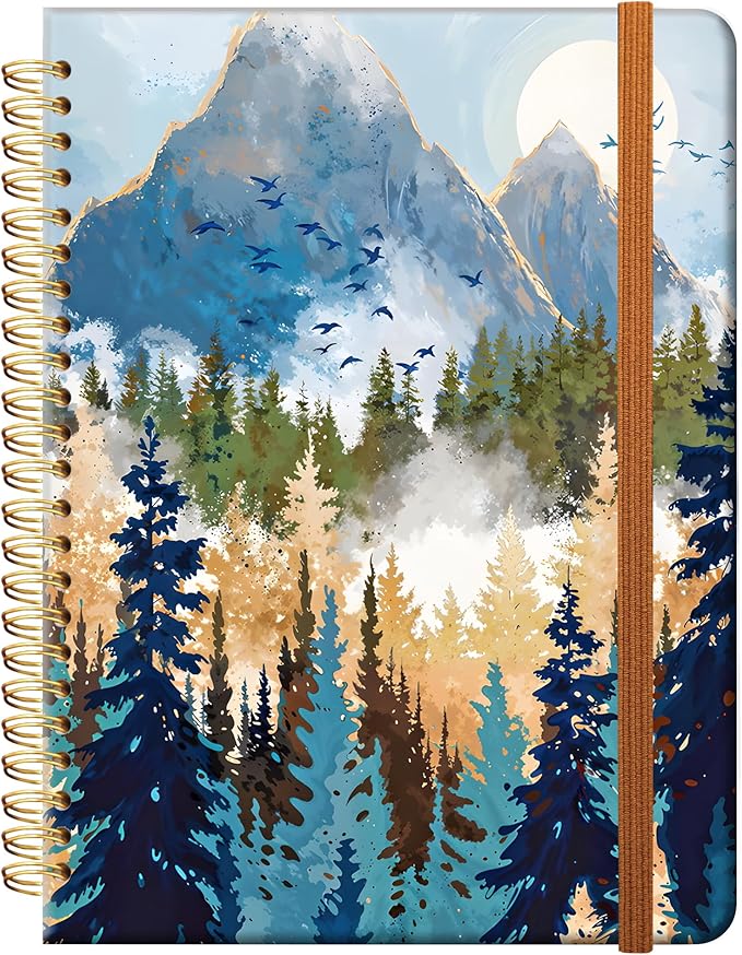 Ruled Spiral Writing Notebook,A5 Hardcover Lined College Journal for Women Lady,Fashion Puppy Watercolor Strong Twin-Wire Binding with Premium Paper,8.4" X 6",Perfect for School,Office,Home Gifts(Foggy Mountains Landscape)