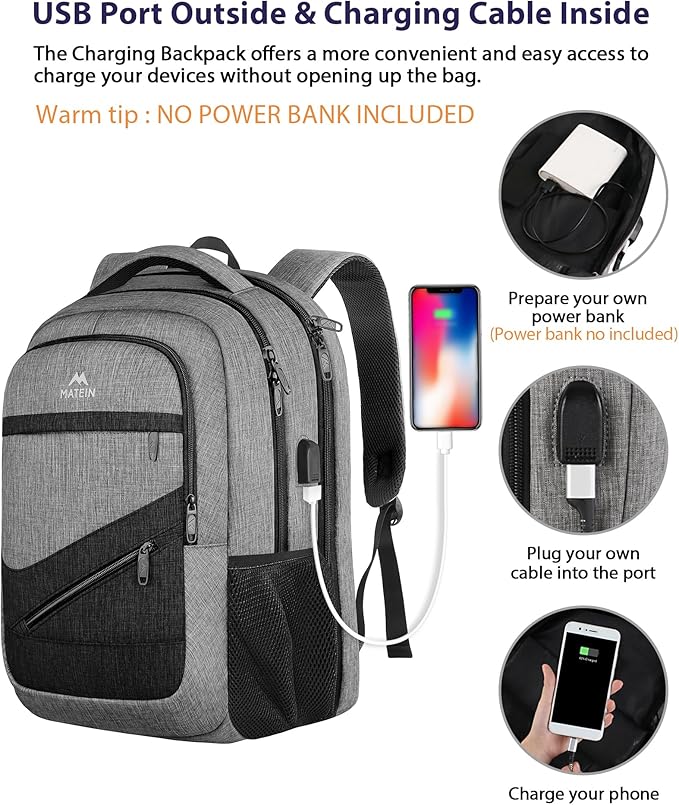 MATEIN Extra Large Laptop Backpack 18.4 Inch, Airplane Approved Travel Backpack with Luggage Strap and USB Charging Port, 50 L College Computer Carry On, Gifts for Business Work Men, Grey Black