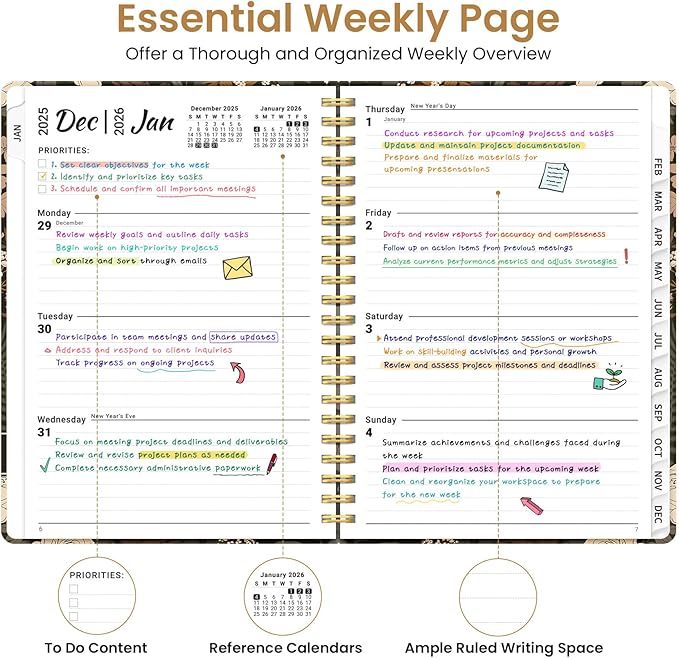 2026 Planner, Weekly and Monthly Planner for Women, January 2026 to December 2026, Pretty Hardcover 2026 Calendar Planner Book with Tabs, Inner Pocket, Spiral Bound, Perfect Office Home School Supplies - 6.3" x 8.5", Wild Rose