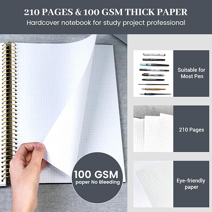 FLYING EAGLE 8.5 x 11 Large Graph Notebook Journal Spiral Graph Grid Notebook 210 Pages Hardcover Graph Notebook Engineering Paper Notebook Graphing Notebook for Men Women, Black