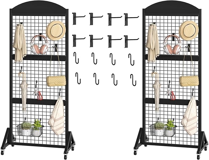 2 Packs Grid Wall Panel 5.7' x 2' FT Grid Display Rack with Wheels, Movable Gridwall Display Stand with 8 S-Shaped Hooks and 8 Garment Hooks, Floorstanding Wire Grid Rack, Black TCJ17P2BB