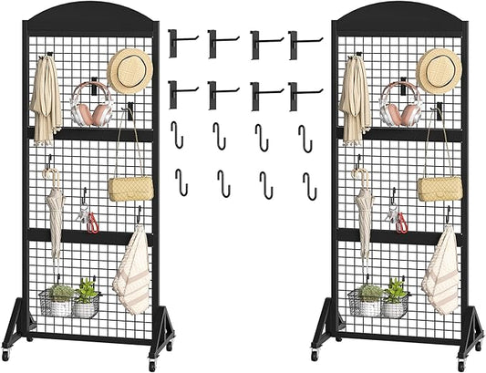 2 Packs Grid Wall Panel 5.7' x 2' FT Grid Display Rack with Wheels, Movable Gridwall Display Stand with 8 S-Shaped Hooks and 8 Garment Hooks, Floorstanding Wire Grid Rack, Black TCJ17P2BB