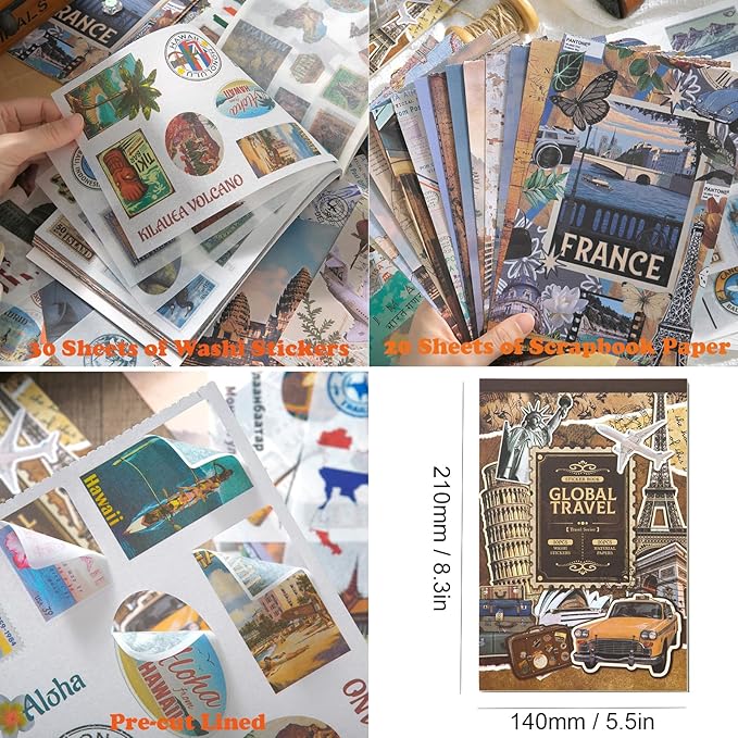 Vintage Scrapbook Stickers, Aesthetic Global Travel Sticker Book for Scrapbooking with 320+ Washi Stickers and 20 Scrapbook Papers, Journaling Supplies, Ephemera for Junk Journals DIY Arts Crafts