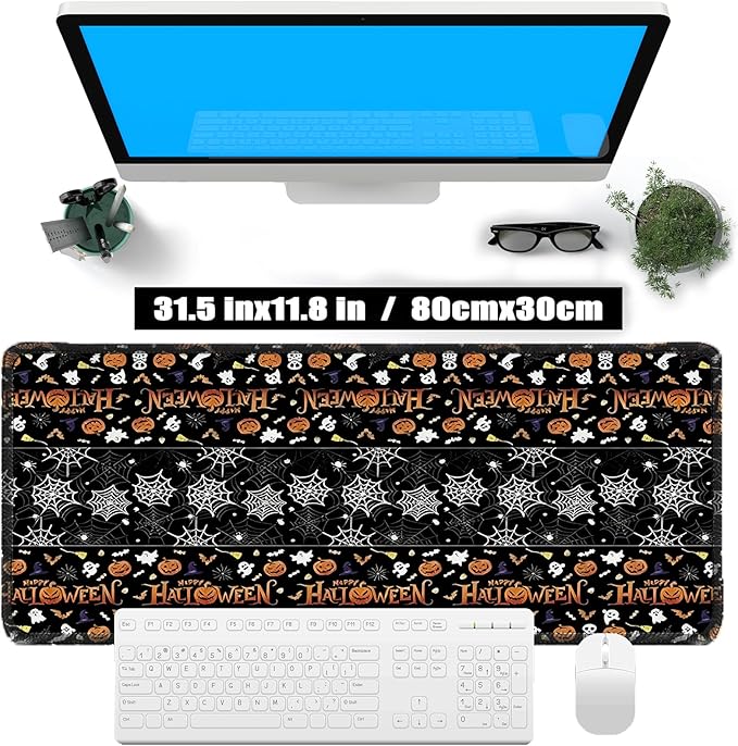 Halloween Themed Mouse Pad, Skeleton Ghost Pumpkin Head Pattern Large Gaming Desk Mat with Sewn Edges, Micro-Woven Fabric for Office and Home, 31.5x11.8in