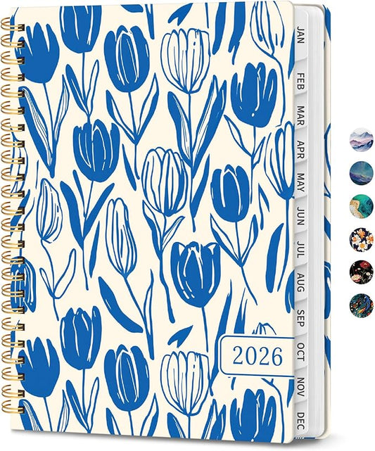 2026 Planner, Monthly and Weekly Calendar Planner for Women, Jan 2026 - Dec 2026, Hardcover Pretty 2026 Agenda Planner Book with Tabs, Spiral Bound, Perfect for School Office Home Supplies, 6.3" x 8.5" - Indigo Tulips