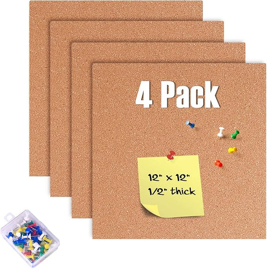 4 Pack Cork Bulletin Board 12 x 12 Inch - 1/2" Thick Cork Board Tiles,Self-Adhesive Frameless Cork Tiles Wall Decor with 50 PCS Pushpins for DIY, Office, School and Home Decor