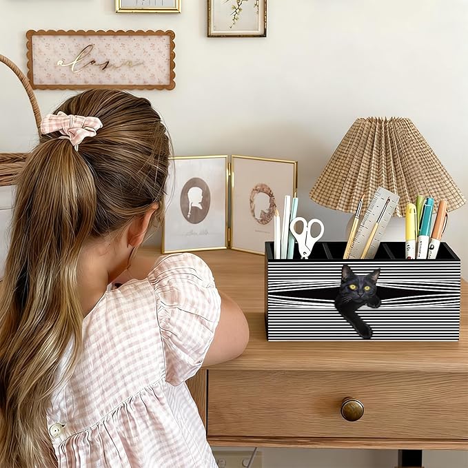 Funny Black Cat Pen Pencil Holder for Desk, Black Cat Mom Lady Lovers Gifts for Women, Pet Lover Gifts Wooden Box Sign Decorations for Home Office Desk Tabletop