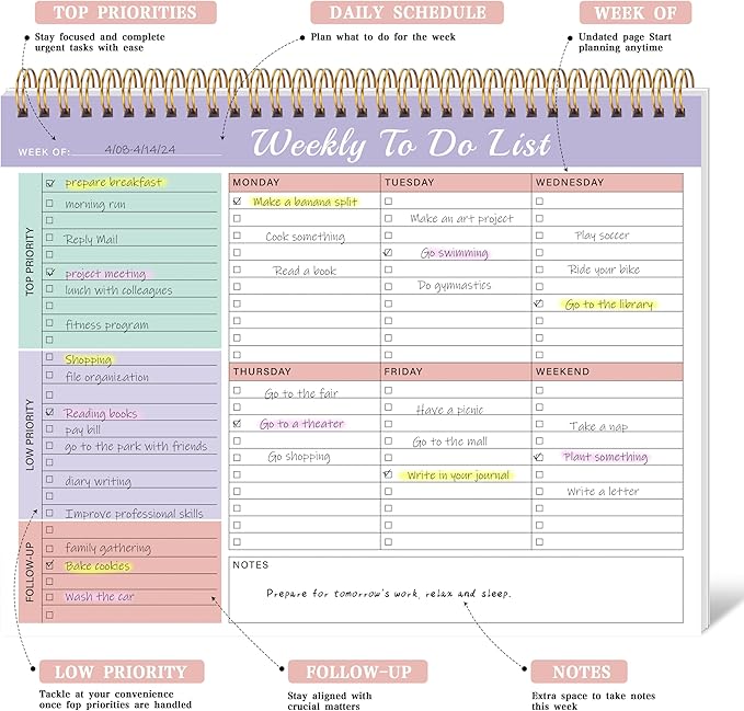 Kamoy Weekly To Do List Notepad with 52 Undated Sheets（8.5"×11"）- Undated Weekly Desk Planner Organizer for Work Home School Office Supplies