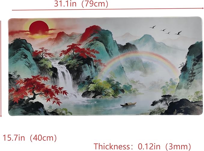 Large Mouse Pad Desk Mat, Asian Mountain Landscape with Red Maple Tree, Waterfall and Rainbow Design, 31.1x15.7 Inches, Cloth and Rubber Material with Stitched Edges