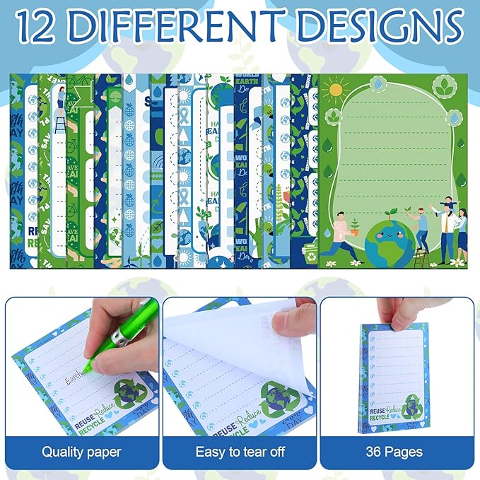 Eaasty 24 Sets Earth Day Gifts Bulk, Retractable Ballpoint Pen Set with Notepad and Ribbon World Earth Day Note Pads Pens Gifts for Office School Home Stationery Classroom Party Favors