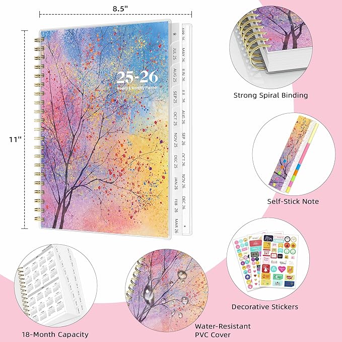 Ospelelf 2025 2026 Planner Weekly and Monthly Calendar Spiral Bound, A4 Office Supplies For Women & Men, 18 Months PVC Cover Life Planners with Stickers Colorful Tree
