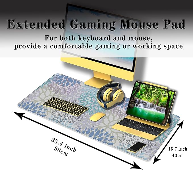 Large Desk Mat Algae Leaves Game Mats, Office Mousepad Big Mouse Pads, XXL Gaming Mouse Pad Non-Slip Rubber Base, 35.4 X 15.7 inch for Work/Game/Office/Home Vegetation. Abstract Watercolor