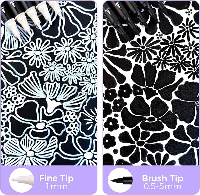 Artecho Dual Tip Acrylic Paint Pen Black 5pcs set-Fine Tip and Brush Tip for Stone, Rock Painting, Paper, Pumpkin, Wood, Egg, Canvas, Ceramic, Fabric, leather, Glass, DIY Crafts