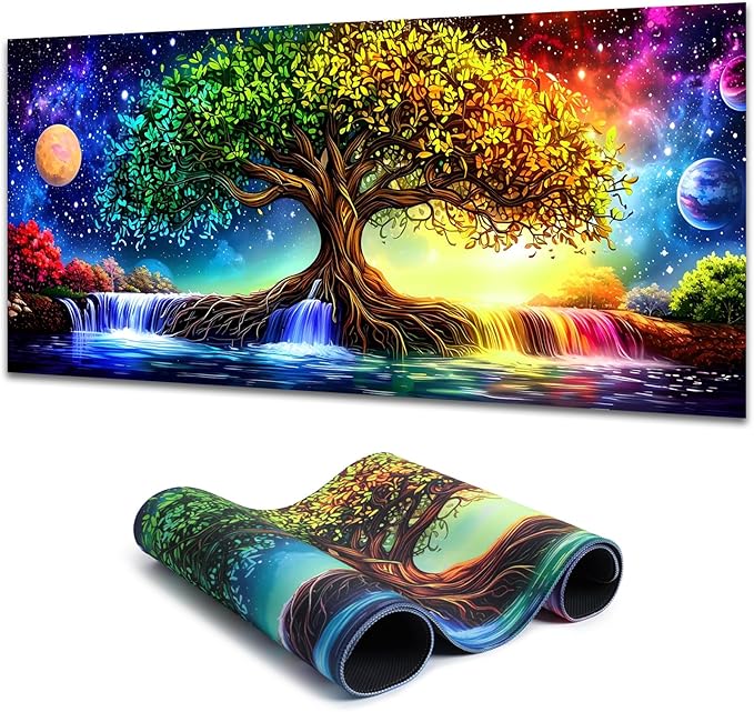 Manicer Fantasy Tree of Life Mouse Pad – Blacklight UV Reactive Glowing Desk Mat, Colorful Nature Galaxy Scene, 31.5" x 11.8" Waterproof Extended Mousepad with Non-Slip Rubber Base for Office & Gaming