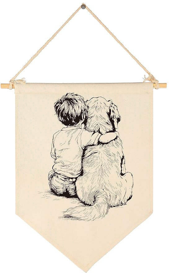Dog Drawing-Canvas Banner Flag Pennant Poster Sign Wall Decor Gift for Baby Boy Kid Nursery Baby Room Bedroom Playroom Front Door Farmhouse Country-Birthday Christmas Gift-Boy and Goldendoodle