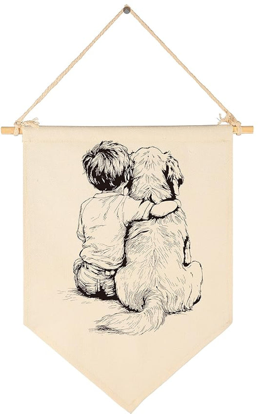 Dog Drawing-Canvas Banner Flag Pennant Poster Sign Wall Decor Gift for Baby Boy Kid Nursery Baby Room Bedroom Playroom Front Door Farmhouse Country-Birthday Christmas Gift-Boy and Goldendoodle