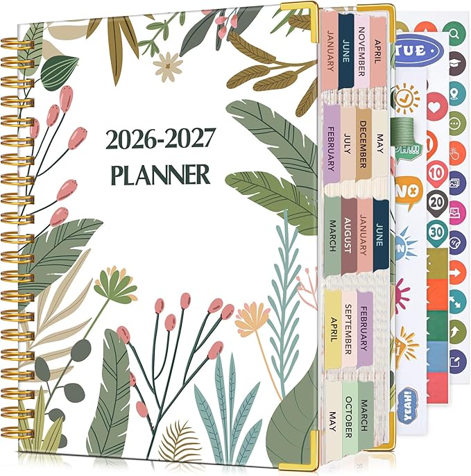 Planner 2026-2027, 18 Months Weekly and Monthly Daily Planner from January 2026 - June 2027, 5.75" x 8.38" A5 Hardcover Agenda Organizer Book 2026 with Tabs, Spiral Yearly Calendar Planners for School Work Home, Colorful Botanicals