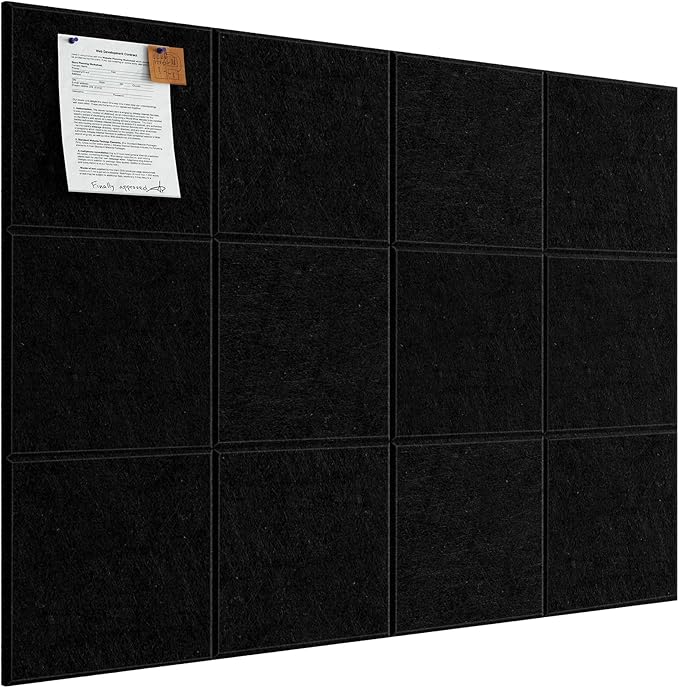 Felt Cork Board for Wall: Extra Large Bulletin Board for Office - 12 PCS Thick Corkboard Tiles Black Pin Board Squares Adhesive