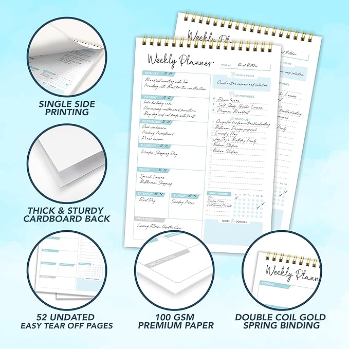 Decorably 52 Sheets Blue Undated Weekly Planner Notepad Small - 6.5x10in Spring-Bound, Easy Tear-Off Design, with Focus, Priorities, to-do List, Habit Tracker, Notes and Doodles - Home, School, Office