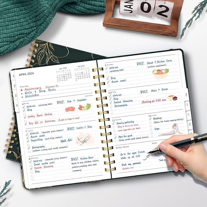 2026 Planner, A5 Weekly and Monthly Planners with Tabs, Spiral Bound Daily Calendar 2026 Planner, Agenda Organizers from Jan. to Dec., Hardcover Habit Tracker Journal 6.18" x 8.5" (Black Gold)