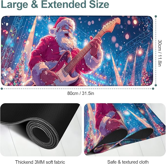 Santa Claus Guitar Extended Mouse Pad XL 31.5"x11.8" – Festive Christmas Desk Mat – Non-Slip Rubber Base, Stitched Edges