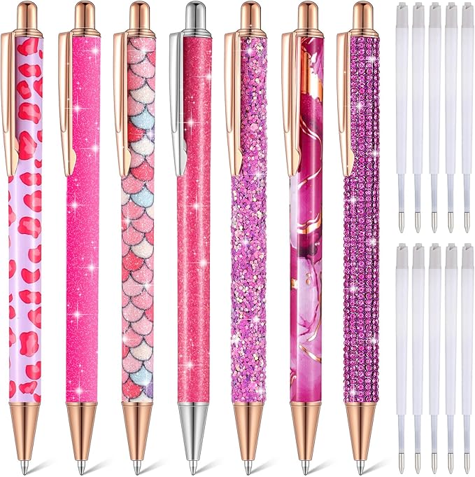 Sherr 7 Pcs Fancy Pens for Women Cute Sparkly Glitter Pens with 10 Pcs Black Ink Refills Pretty Gifts for Girls Office School Christmas Graduation(Lovely)
