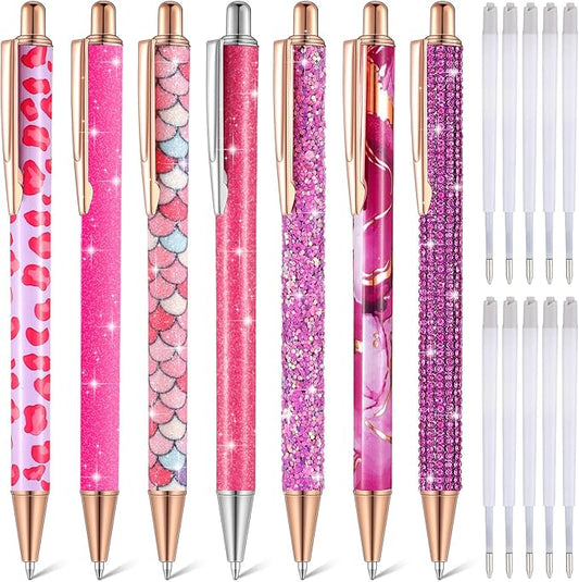 Sherr 7 Pcs Fancy Pens for Women Cute Sparkly Glitter Pens with 10 Pcs Black Ink Refills Pretty Gifts for Girls Office School Christmas Graduation(Lovely)