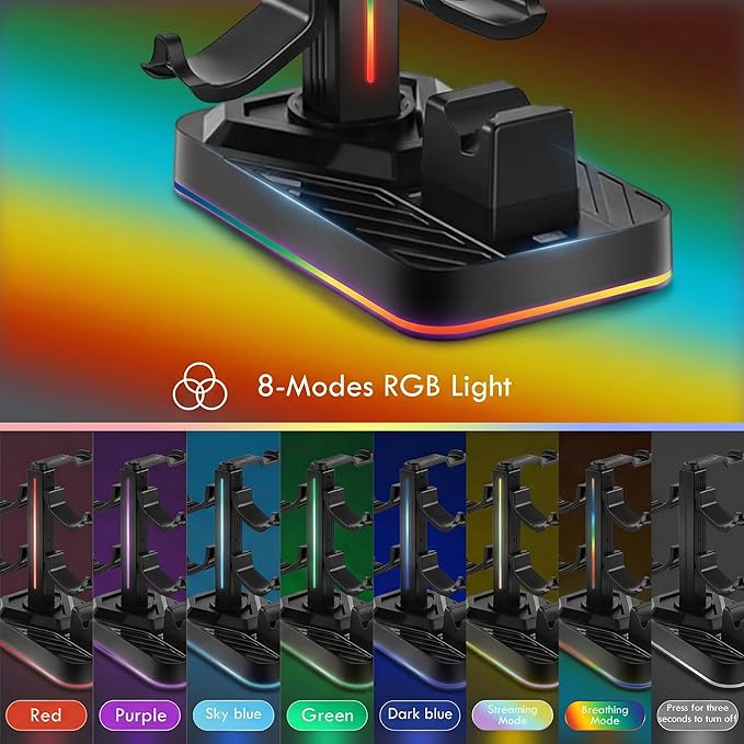 PS5 Controller Charger with Headphone Stand, RGB PS5 Controller Charging Station Dock with 3 USB Ports, Headset and Controllers Holder Stand for PlayStation 5 & DualSense Edge Controllers