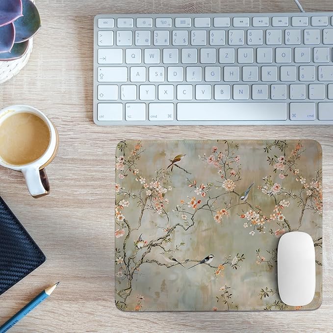 Cherry Blossom Mouse Pad,Chinoiserie Birds and Flowers Desk Mat,Elegant Botanical Mouse Pad,Vintage Floral Girly Desk Mat for Dorm Home Office Decor,10.2x8.3 Inch