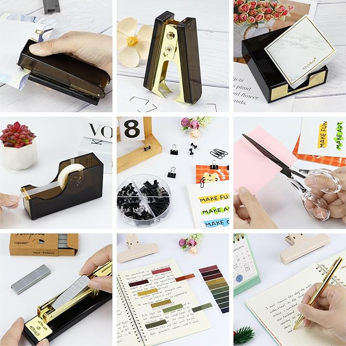 Buqoo Black Acrylic Sticky Notes Holder Stapler and Tape Dispenser Cutter with Staple Remover, Sticky Notes, Paper Clips, Scissor, Ballpoint Pen for School Home N Office Supplies