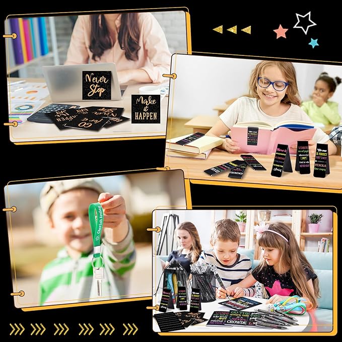 Pasimy 218 Pcs Inspirational Stationery Gifts Motivational Mini Notepad Pen Quote Bookmarks Stress Relief Stickers Inspiring Silicone Keychains for Home Office Appreciation Gift(Dark)