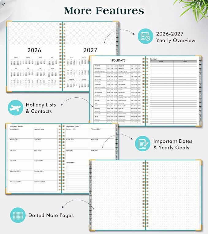 Planner 2026-2027, 18 Months Weekly and Monthly Hardcover Planner, January 2026 - June 2027, 8.5" x 11" A4 Large Daily Calendar Planner Book with Tabs, Spiral Yearly Agenda Organizer Notebook for School Work Home, Aquamarine