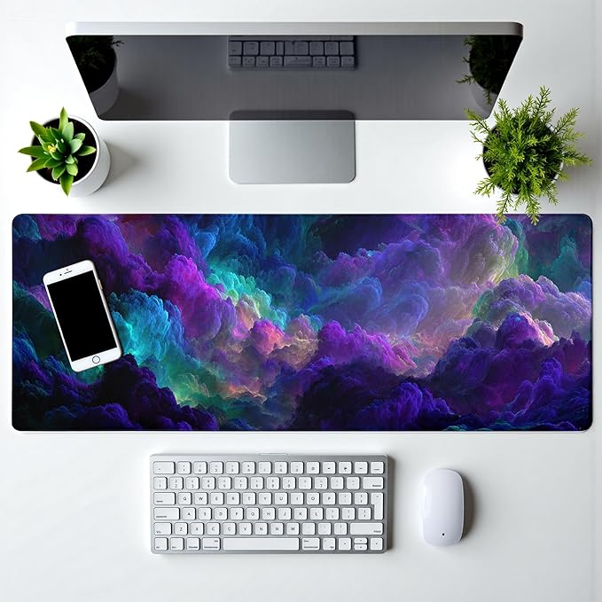 Dazzling Galaxy Gaming Mouse Pad Abstract Blue Desk Mat 31.5x11.8 Inch Starry Sky Texture Non-Slip Rubber Base Large Mousepad Stitched Edges Keyboard Mouse Mat Desk Pad for Office and Home