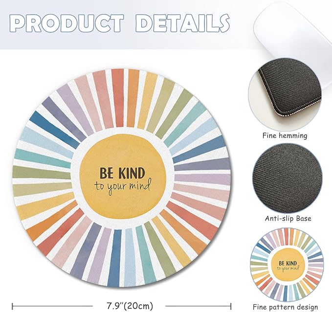 Boho Colorful Rainbow Sun Mouse Pad,Be Kind To Your Mind Cute Rainbow Sunshine Mouse Pads Mousepad for Desk Home Office Dorm Computers Laptop, Boho Office Supplies Desk Accessories, 7.9x7.9 Inch