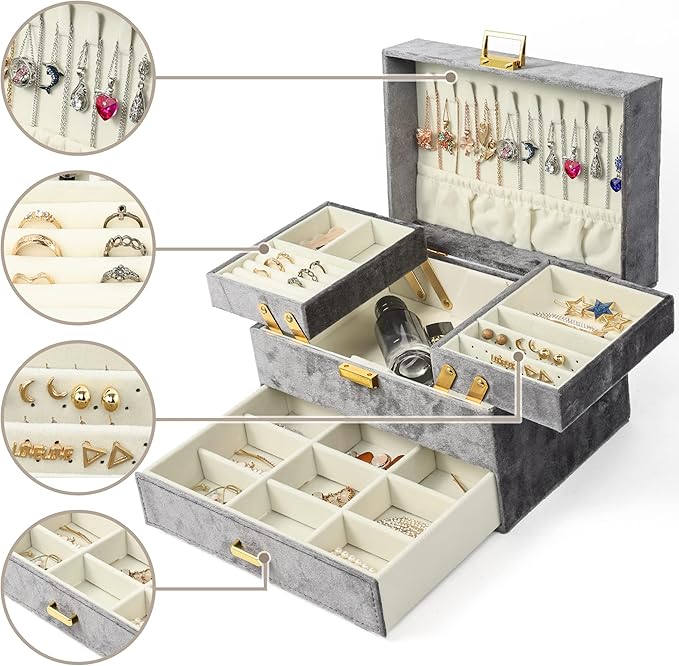 Dajasan Velvet Jewelry Boxes, Women Jewelry Organizer Box, 3- Layer Large Jewelry Storage Case for Birthday Mother's Day Valentine's Day (Grey)