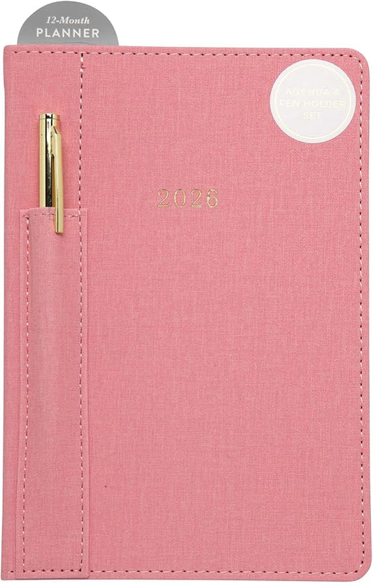 WORLD TRAVELER 2026 Planner - Weekly and Monthly Planner - 6x8 Planning Notebook & Calendar Agenda with Pen, Pink Textured