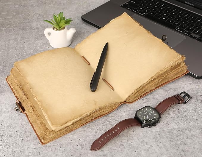 Vintage Leather Journal Handmade Buffalo Deckle Edge Paper – Leather Bound Journal for Women Men Vintage C-Lock Closure Ideal for Writing & Travel for Artists