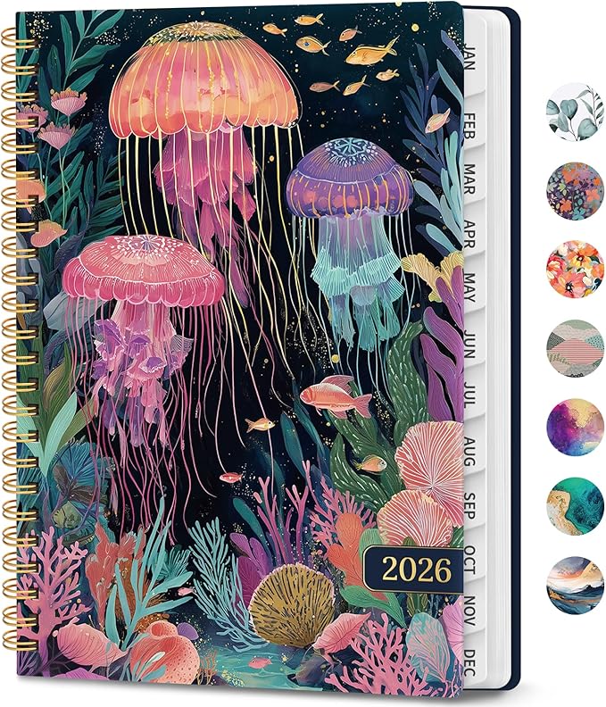 2026 Planner, Weekly and Monthly Calendar Planner Book, January 2026 - December 2026, Hardcover Spiral Planner with Monthly Tabs, Notes Pages, Perfect for Women & Men, A5 (6.4" x 8.5") - Jellyfish